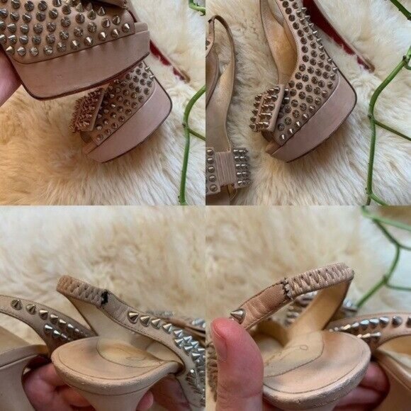 Louboutin Nude Leather Clou Spikes Studded Designer Platform Slingbacks Pumps 37 - Picture 11 of 13